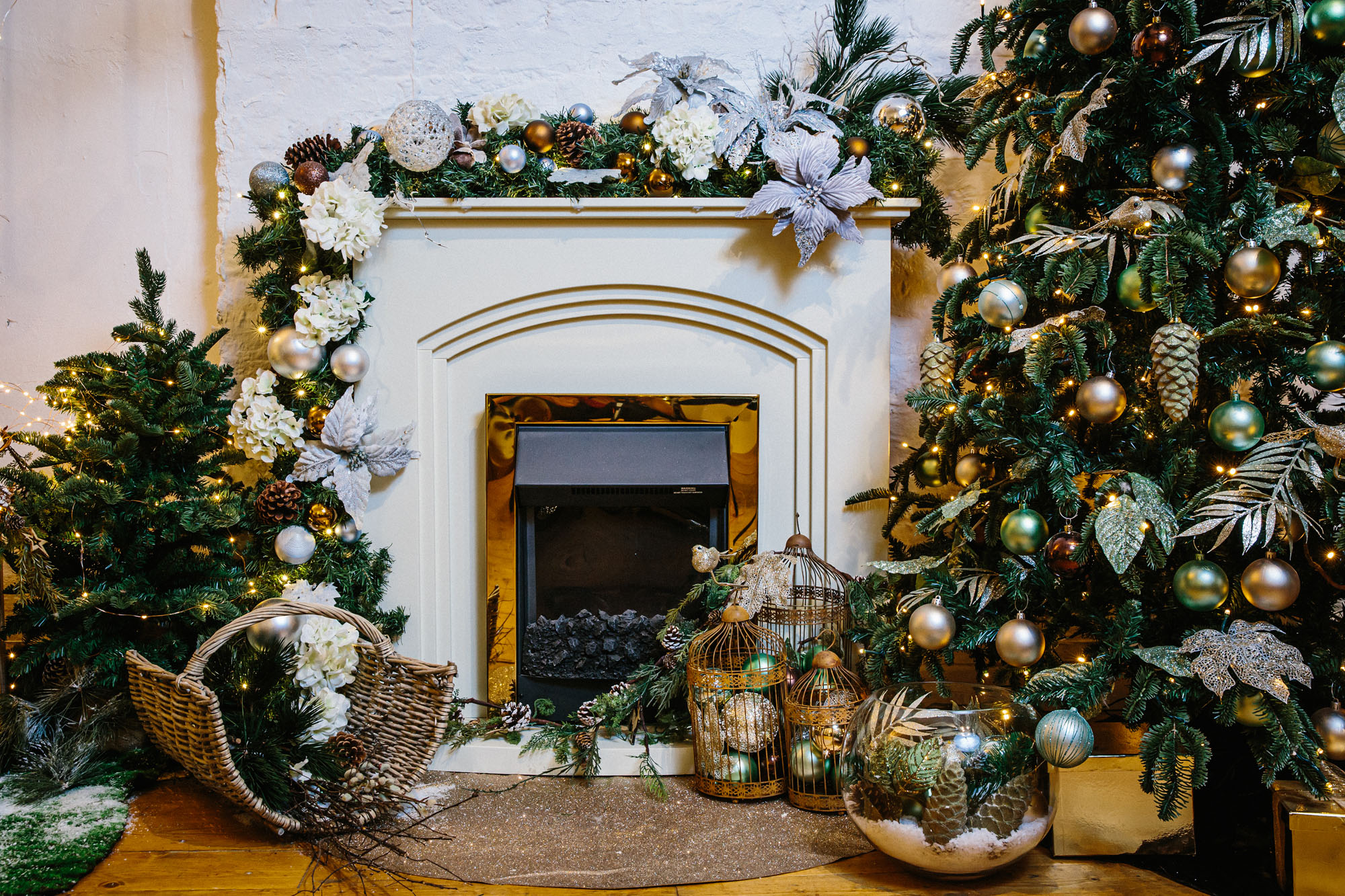 christmas decorations on fireplace