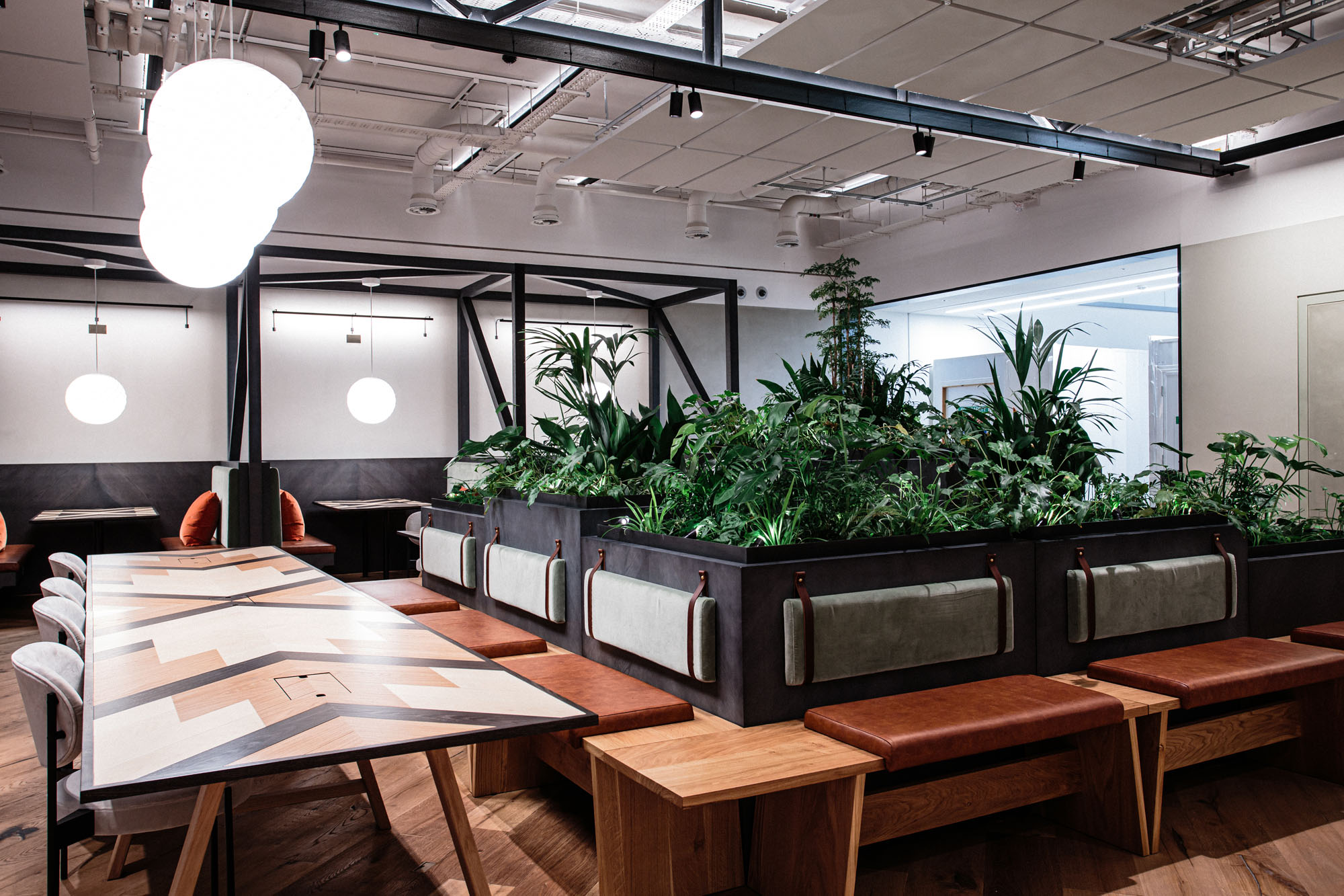 plants in box planter in seating area