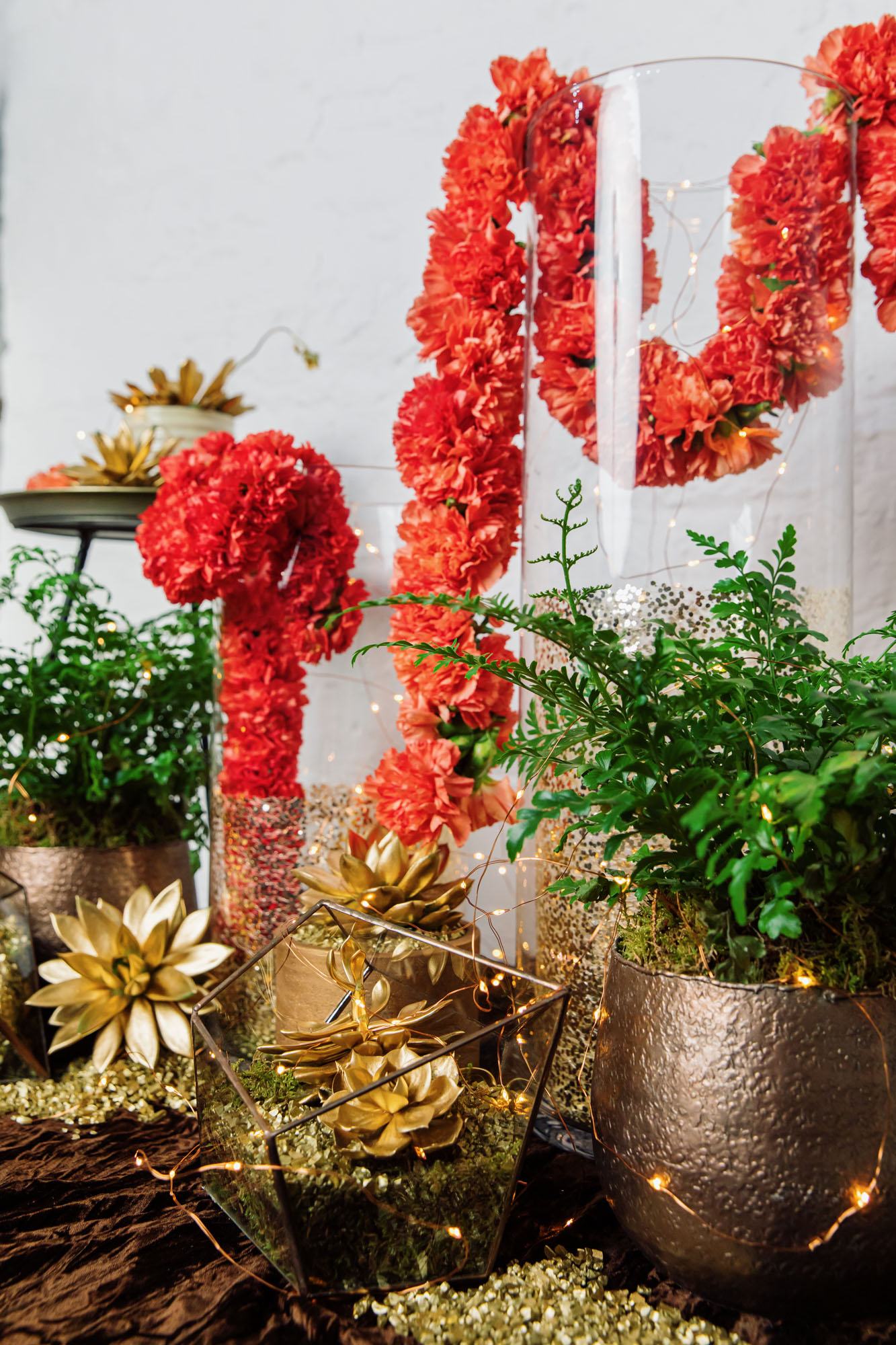 gold and red plant decor on table