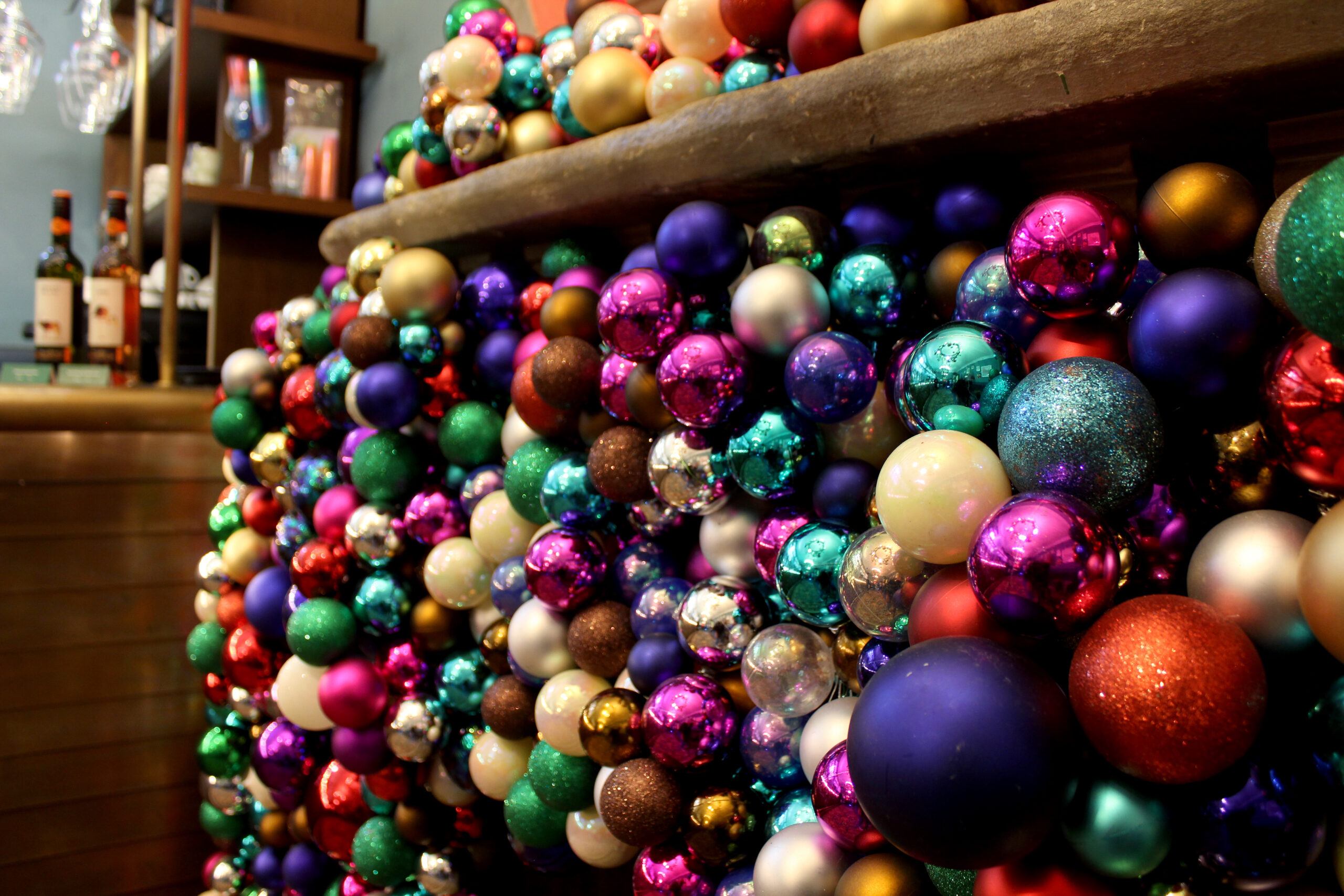 christmas baubles on fireplace close up