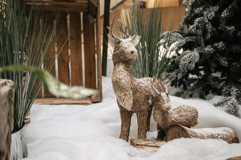 Wicker deer in a snowy Christmas scene