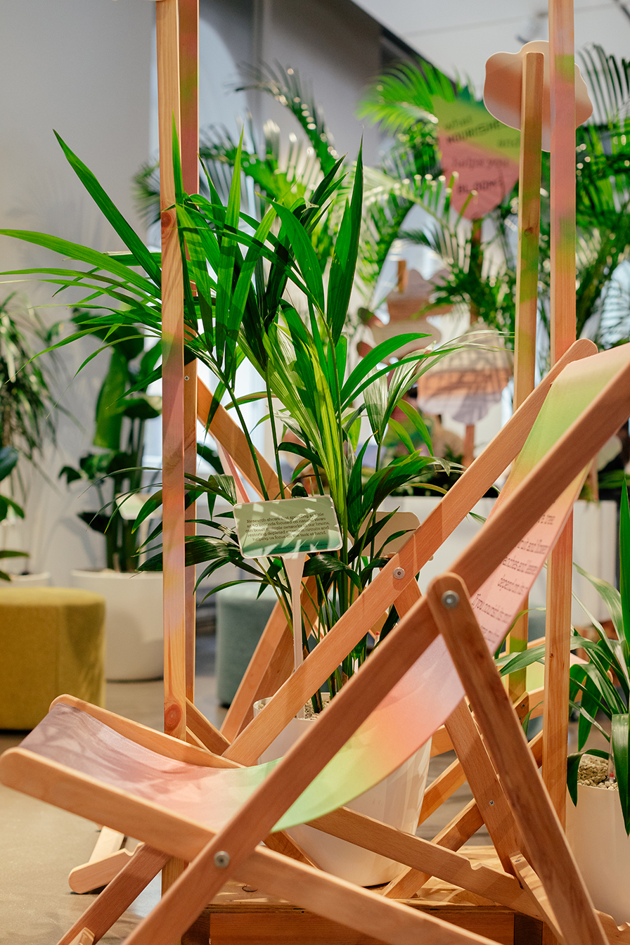 Deck chair with indoor plants in exhibition space