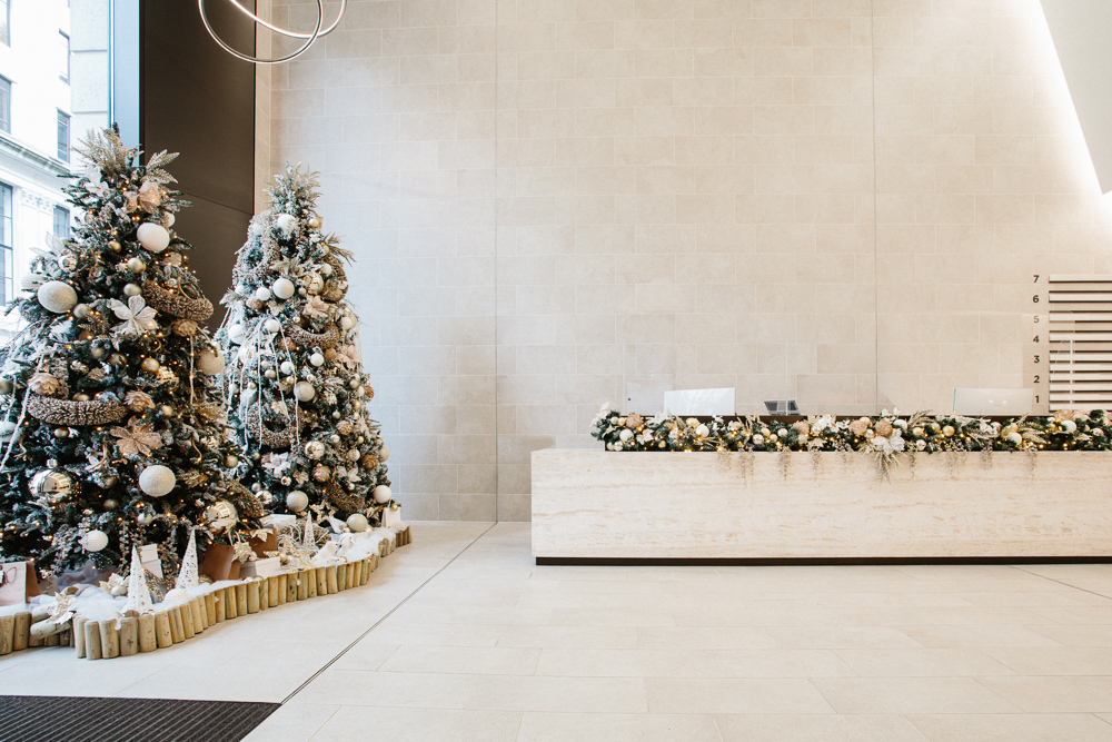Christmas trees in an office lobby