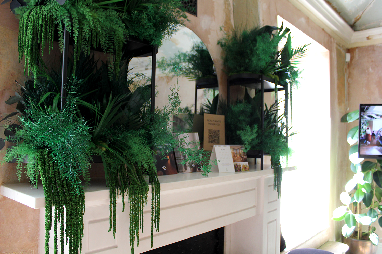 Preserved planting on a fireplace with a mirror