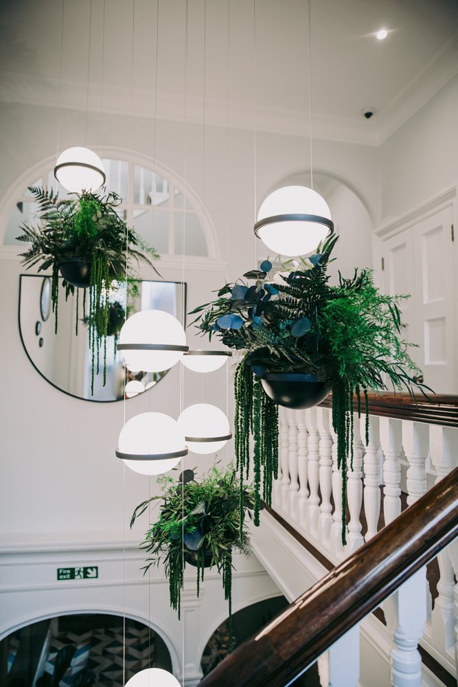A staircase with hanging plants and lights